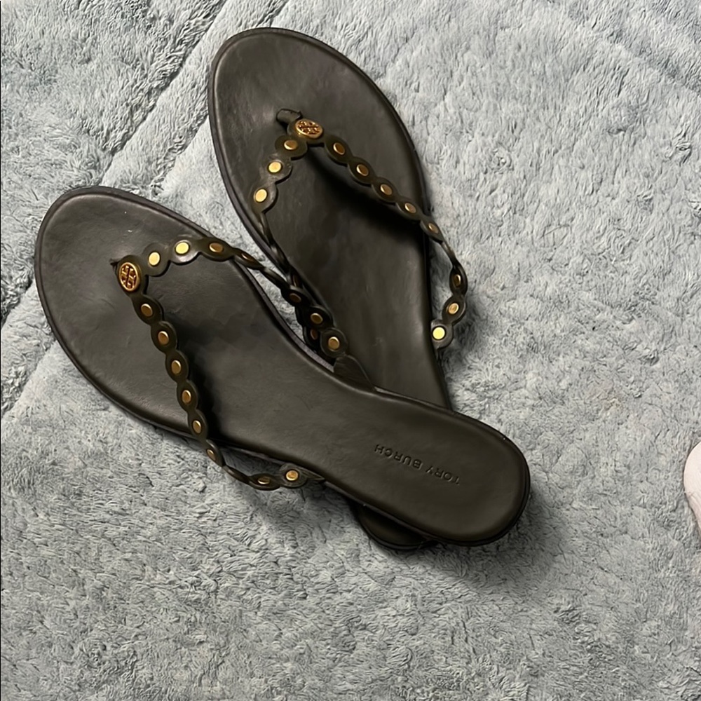 Tory Burch Green and Gold Thong Sandals